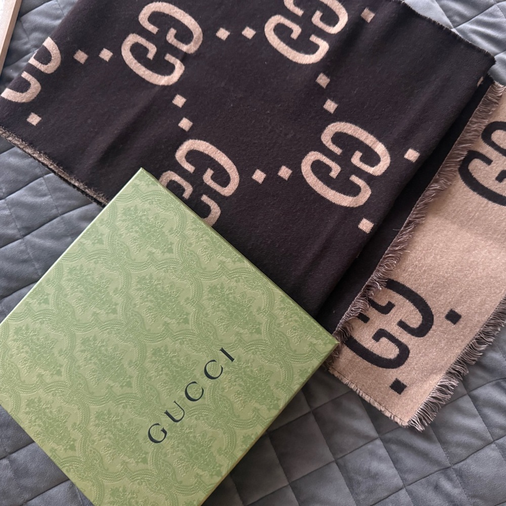 Gucci GG Jacquard Wool Silk Scarf Brown and Tan Color Unisex